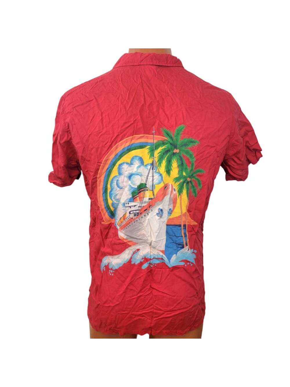 OP Vintage 80s Boat Shirt Men Large Red Collar Button Cruise Trip Top Nautical L